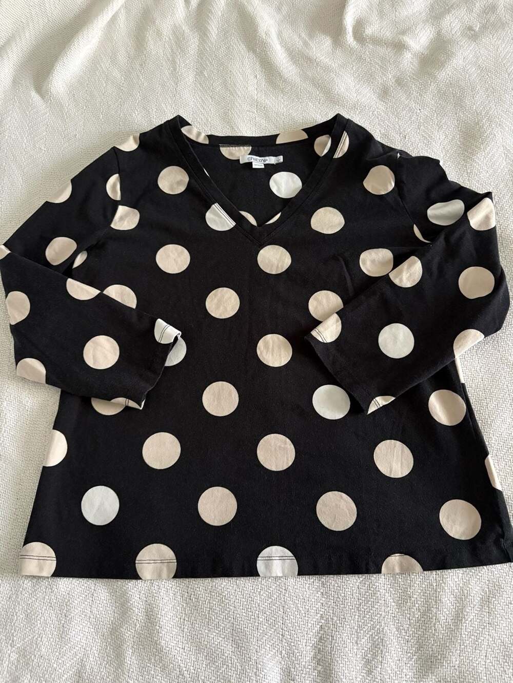 Chico's Black and Tan Polka Dot V-Neck Three-Quarter Sleeve Top